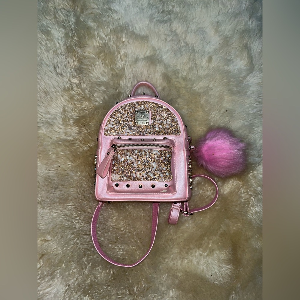 Y2K Baby pink sparkly, mini backpack with pom-pom